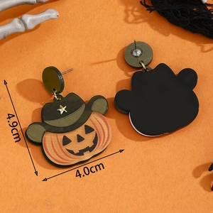 Halloween pumpkin cowboy hat earrings with size dimensions 4.9cm by 4.0cm on orange background