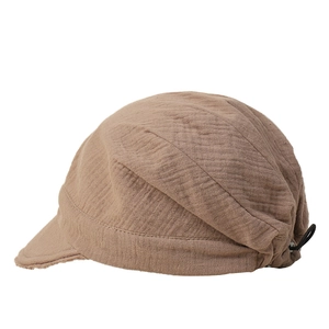 Brown breathable cotton beret hat with pleated texture and adjustable buckle for women