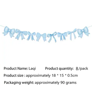 Close-up of blue bow party banner garlands with size and quantity specifications