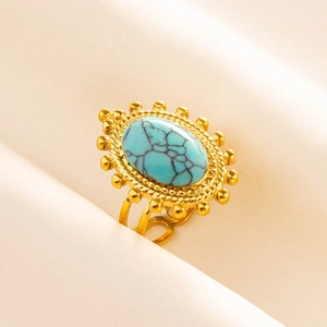 Anello regolabile in acciaio 304 stile boho con pietra turchese e bordo dorato