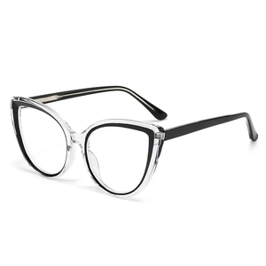 Stylish cat-eye anti-blue light glasses with black and transparent frame on white background