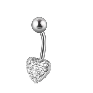 Close-up of heart-shaped belly button ring with sparkling AAA cubic zirconia crystals