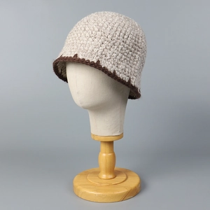 Handmade beige crochet bucket hat with brown scalloped trim for women autumn winter fashion