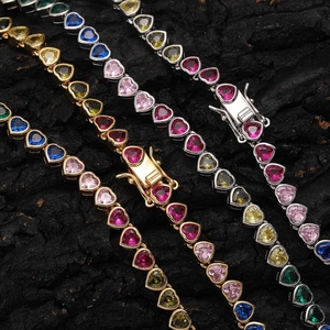 Hip Hop Colorful Heart Zirconia Tennis Chain Necklace Copper Base Gold Silver Plated Rainbow Heart Tennis Chain Jewelry
