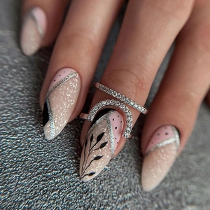 Pink Almond Press On Nails With Black Leaf Pattern Silver Glitter Lines And Polka Dots Trendy Elegant For Women