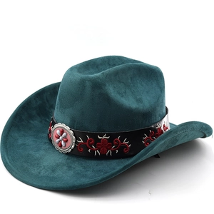 Western Cowboy Hat Suede Wide Brim Ethnic Embroidered Band Metal Concho Bohemian Style Unisex Travel Sun Protection
