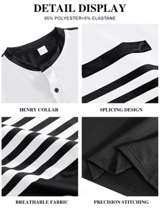 Detail shots of striped Henley shirt showing breathable fabric texture and collar stitching