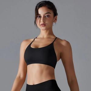 Detail of black seamless yoga bra with cross straps and wide ribbed supportive underband