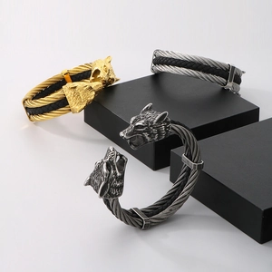 Men's double wolf head steel wire and leather bracelet in gold and silver finish