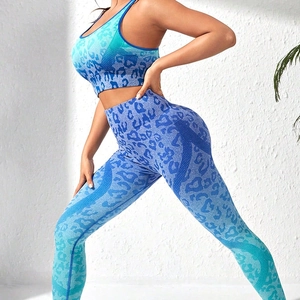 Seamless leopard print yoga set with gradient blue sports bra and high-waisted leggings