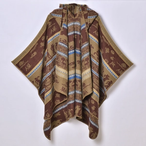 Ethnic knit hooded poncho for women with geometric patterns in brown and blue colors