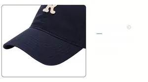 Close-up of deep blue baseball cap featuring curved brim and white letter embroidery