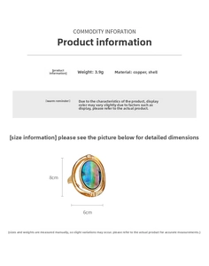 Detailed size specification table for oval shell gold ring with technical parameters