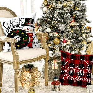 Christmas buffalo plaid pillows with snowman and Let it Snow print for home decor