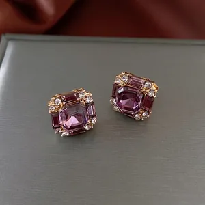 Vintage Square Purple Crystal Stud Earrings With Silver Earring Post Alloy Rhinestone Luxury Chic Jewelry For Women