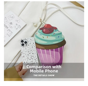 Mini cupcake crossbody bag compared to a smartphone showing its compact size and detail
