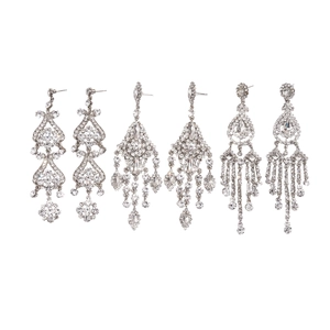Exaggerated floral tassel drop earrings with sparkling rhinestones in silver finish