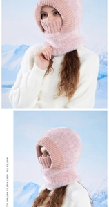 Detail of pink knitted balaclava with warm plush lining and integrated neck gaiter