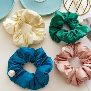 Elegant set of 4 satin scrunchies with pearls in cream, green, blue and pink