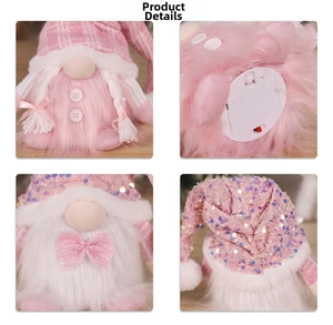 Detail view of pink sequin gnome hat, faux fur beard, and battery compartment on bottom