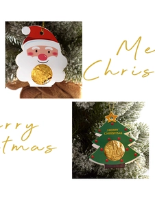 Detailed view of Santa and Christmas tree paper tags for candy packaging and decor