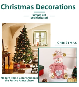 Detailed view of pink Christmas snowman plush toy with heart window and sequin hat