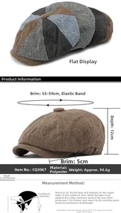 Retro patchwork newsboy cap with elastic band showing size chart and head measurements