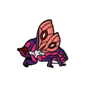 Close-up of a detailed enamel insect brooch featuring purple, white and pink artistic patterns