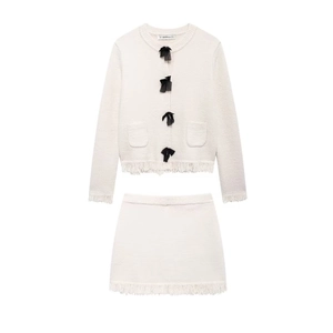 Women Knit Cardigan And Mini Skirt Elegant Black Bow Decor Fringe Trim Long Sleeve White Knitwear Elegant Outfit