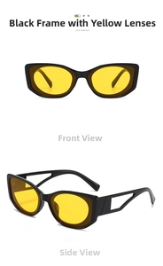 Detail of black oval sunglasses with yellow lenses and hollow geometric temple design