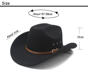 Size chart showing western wool cowboy hat with 57-58cm head circumference and 8cm brim