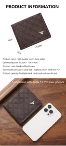 Brown men's leather wallet size comparison with phone on wood surface, 11.5x9cm details