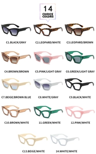 Detailed catalog showing 14 color variations of classic retro cat eye sunglasses frames