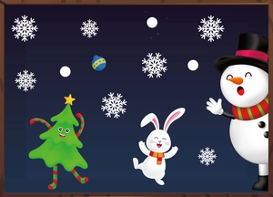 Detail of Christmas window stickers featuring snowman and tree in cartoon style