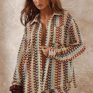 Women Crochet Knit Shirt Zigzag Wave Pattern Multi Color Long Sleeve Lapel Loose Fit Bohemian Casual Blouse Top
