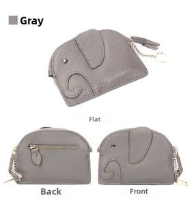 Three-angle view of grey leather elephant coin purse with golden zipper and keychain