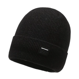 Black ribbed beanie with NEW-FASHION mountain patch, warm winter knit hat for men and women