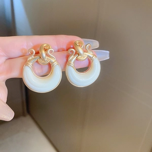Retro Geometric C-Shape Hoop Earrings With Matte Resin Inlay And 925 Sterling Silver Earring Post For Women French Style