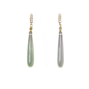 Elegant gold drop earrings with grey-green teardrop stones and sparkling cubic zirconia