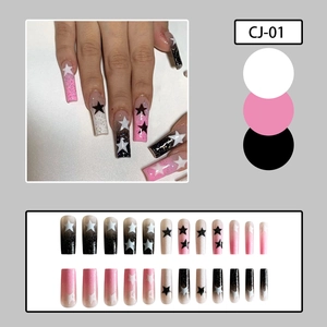 Pink and black gradient long trapezoid press-on nails with star patterns and glitter