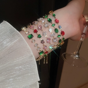 Minimalist geometric crystal adjustable bracelet with colorful gemstones in gold setting