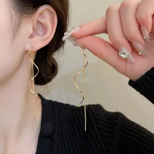 Minimalist gold spiral twisted geometric long chain earrings for women's jewelry collection