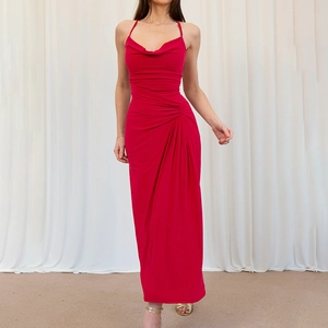 Cowl Neck Strappy Maxi Dress Women Sexy Backless Criss Cross Ruched High Waist Slim Fit Solid Color Party Evening Gown