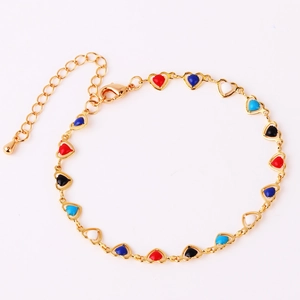 Detail of gold heart link bracelet with multi-colored enamel inlays and lobster clasp