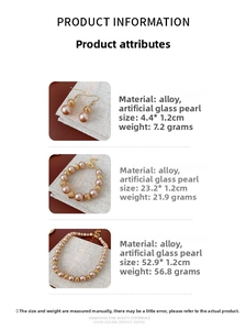 Detailed spec view of gold alloy jewelry set with hollow beads and glass pearls