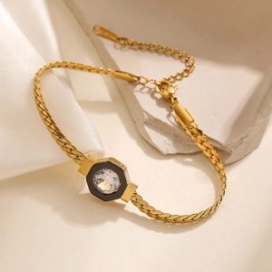 Bracciale a catena serpente placcato oro 18K con esagono nero e zircone trasparente