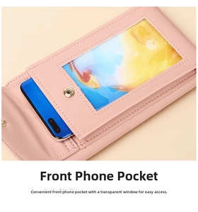 Detail of pink crossbody phone bag with transparent touch screen window and magnetic clasp