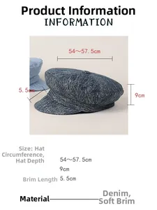 Detailed size chart for denim newsboy cap with dimensions and soft brim material info