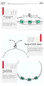 Detail view of S925 sterling silver emerald bracelet with rectangle green gemstone