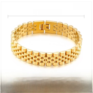 Detailed view of 15mm wide stainless steel watch band chain bracelet in gold finish